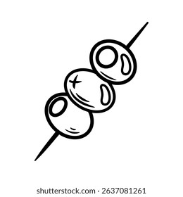 A delightful sketch featuring three pitted olives elegantly arranged on a skewer. This illustration emphasizes their glossy texture, perfect for evoking a sense of Mediterranean culinary charm.