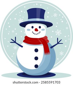 Delightful snowman adorned with top hat and red scarf, captures the essence of winter joy and holiday spirit against snowy backdrop. Vector illustration.