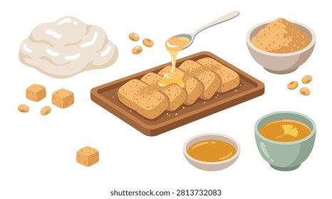A delightful spread of injeolmi rice cake,  served with sticky rice cake slices, roasted soybean powder, honey drizzle, wooden tray, traditional tea pairing, a traditional Korean dessert.