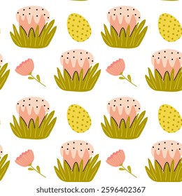 Delightful spring patterns featuring decorated eggs and floral designs on a white background