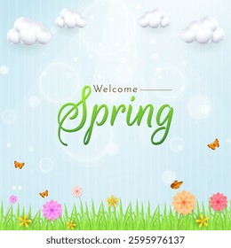 Delightful spring scenery featuring blooming flowers, green grass, butterflies in flight, and fluffy white clouds in a vibrant blue sky, celebrating the warm season and nature's beauty.