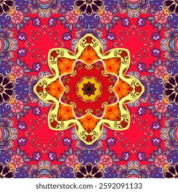 Delightful square pattern with a bright mandala on a crimson background and a floral frame.