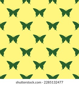 Delightful square tile with an animated animal drawing. Seamless pattern with butterfly black silhouette top view on mellow yellow background. Design for a tote bag with an animal drawing.