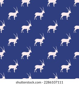 Delightful square tile with an animated animal drawing. Seamless pattern with antelope silhouette from side view on linen background. Design for a set of posters with animal illustrations.