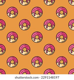 Delightful square tile with an animated food drawing. Seamless pattern with donut on st. patrick's blue background. Design for posters to communicate messages effectively.