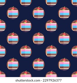Delightful square tile featuring a vibrant food drawing. Seamless pattern with cake on oxford blue background. Design for a tartan pattern.