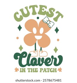 Delightful St. Patrick's Day Cutest Clover in the Patch Design with Adorable Smiling Four-Leaf, Clover a Bow on its Head and Cute Little Shoes