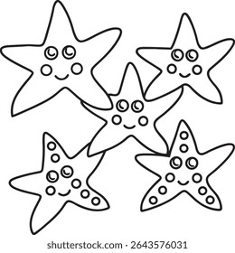 Delightful Starfish Gathering A Whimsical Black and White Illustration Showcasing Five Playful Starfish with Adorable Faces and Unique Dot Patterns Creating a Cheerful Aquatic Scene