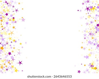 Delightful starry vector background. Party decorative particles in violet yellow colors. Fireworks star random fragments. Brilliance concept. Starburst design.