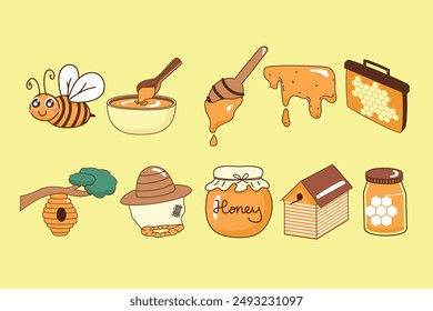 A delightful still life drawing showcasing a classic honey pot filled with golden honey, accompanied by a honeycomb section revealing its intricate hexagonal pattern. The warm color palette and rustic