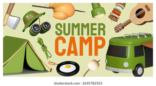 A delightful summer camp scene featuring various camping gear and playful activities in a natural setting.