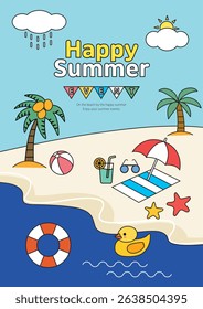 A delightful summer event poster filled with various beach items and playful illustrations
