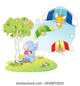 Encantadora celebración de verano en Festiva: Kawaii Lindos animales de dibujos animados - zorro, pollo, gato, elefante parapente - Ilustración vectorial aislada sobre fondo blanco