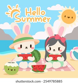 A delightful summer illustration of two cute cartoon bunnies enjoying a beach picnic with watermelon and coconut drinks under the sunny sky. 