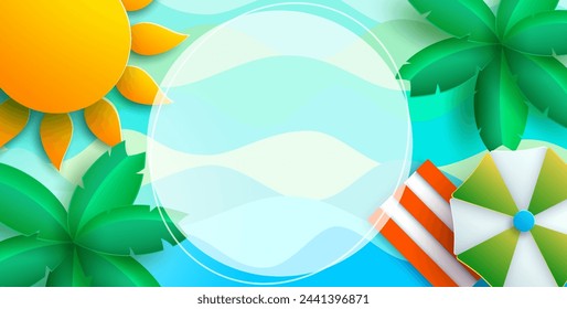 A delightful summer scene featuring palm trees swaying gently in the breeze and colorful beach umbrellas offering shade on a bright sunny day. Vector Illustration.