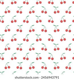 A delightful, summer-themed seamless pattern with sweet cherries dancing on a white background. Perfect for print, textile, and more!