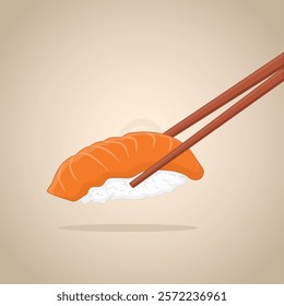 A delightful sushi vector illustration showcasing a plump rice ball topped with vibrant salmon slices, clamped with chopsticks for an authentic presentation.