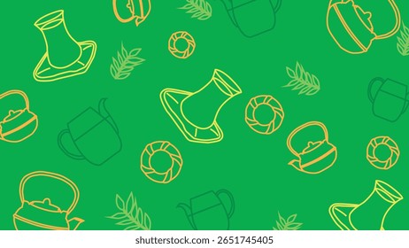 Fundo de chá delicioso com icônicos óculos de chá, doces e folhas verdes em um fundo verde limpo. Ideal para a cultura de chá turco visuais.