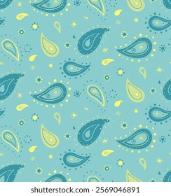 Delightful teal and yellow paisley pattern.  Perfect for textile design, wallpaper, or vibrant website backgrounds.  A cheerful, contemporary design with a touch of vintage charm.