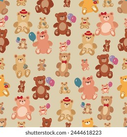A delightful textile featuring a vector seamless pattern of brown, white, orange and yellow small toy bears. Cute cartoon style.