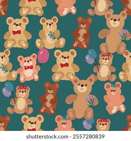 A delightful textile featuring a vector seamless pattern of brown bears. Cute cartoon style.