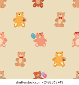 Un delicioso producto textil con un patrón sin costuras de Vector de osos de peluche marrones, blancos, naranjas, amarillos y rosas sosteniendo globos. Lindo estilo de dibujos animados. Imprimir para niños