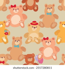 A delightful textile product featuring a vector seamless pattern of brown, white, orange, yellow, and pink teddy bears. Cute cartoon style. Print for children