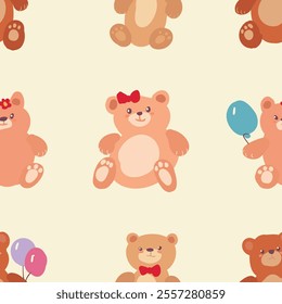 A delightful textile product featuring a vector seamless pattern of brown, white, orange, yellow, and pink teddy bears holding balloons. Cute cartoon style. Print for children