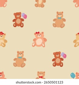 A delightful textile product featuring a vector seamless pattern of brown, white, orange, yellow, and pink teddy bears. Cute cartoon style. Print for children