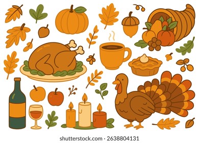 Delightful Thanksgiving vector illustration featuring turkey cornucopia pie autumn leaves and seasonal elements