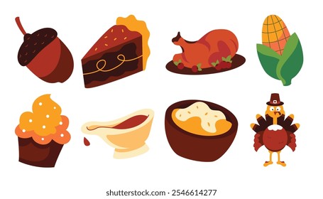 A delightful Thanksgiving-themed illustration set featuring acorn, turkey, pie, mashed potatoes, corn, gravy, and a cupcake. Perfect for holiday designs and celebrations.