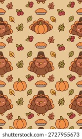 A delightful Thanksgiving-themed seamless pattern featuring adorable turkeys, pumpkins, pies, cranberries, and autumn leaves on a light background.