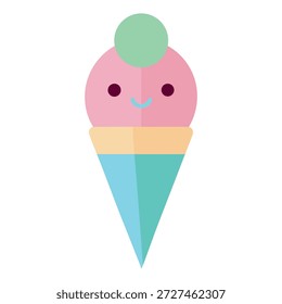 Delicioso cono de helado tridimensional con cucharadas de pastel y cara sonriente sobre fondo blanco