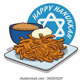 Delightful traditional latke dish for Hanukkah with apple sauce and circle with happy holiday message.