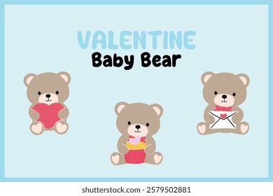 A delightful Valentine-themed baby bear clipart set featuring adorable teddy bears holding hearts, cupcakes, and love letters in a soft pastel color scheme