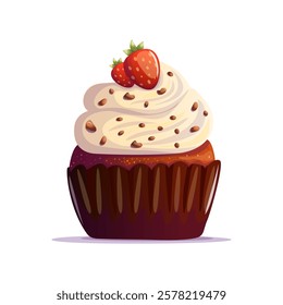 A delightful vanilla cupcake topped with fluffy white whipped cream, rich chocolate sprinkles, and two juicy strawberries. This sweet treat brings joy and indulgence, making every bite a moment of hap