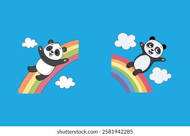 A delightful vector artwork of a joyful panda sliding down a vibrant rainbow. Perfect for children's designs, stickers, and playful themes.