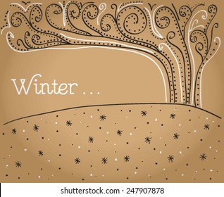 Delightful vector card for crafting. Graphic fabulous winter landscape. Vintage concept greeting card. Place for beauty in our lives.