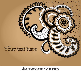 Delightful vector card for crafting. Graphic vector drawing with Indian motifs. Vintage concept greeting card. Frame with place for your text. The idea for your invitation and design.