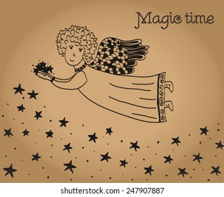 Delightful vector card. Cute angel flying through the starry sky on crafting background. Vintage concept greeting card. Place for a miracle in our lives.