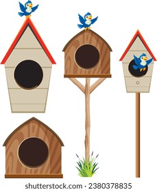 A delightful vector cartoon illustration of a bird house and blue bird