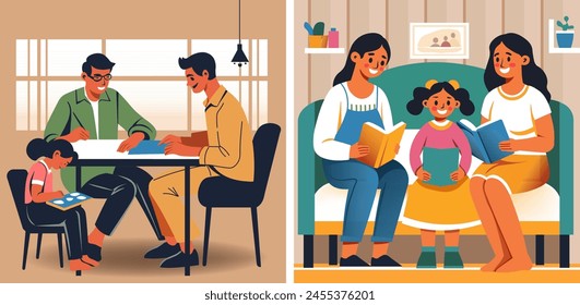 Deliciosa representación de Vector de una familia alegre disfrutando del tiempo de lectura juntos, en una sala de estar acogedora y bien decorada.