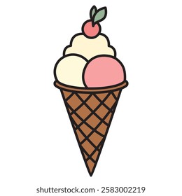 A delightful vector drawing of an ice cream cone with a cherry on top. 