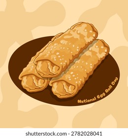 A delightful vector graphic featuring three crispy, golden-brown fried egg rolls stacked on a brown oval background to celebrate National Egg Roll Day, June 10th
