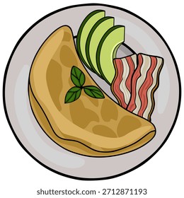 A delightful vector illustration of a breakfast plate featuring a golden omelet garnished with fresh green basil, alongside creamy avocado slices and strips of crispy bacon.