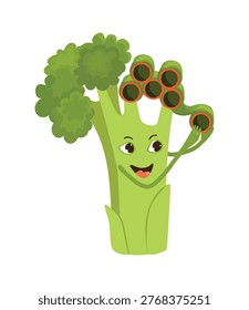 Delightful vector illustration of a broccoli character getting a perm. The scene captures a cheerful and personified vegetable concept.