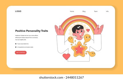 Delightful vector illustration of a character radiating positive personality traits, enveloped by a vibrant rainbow and joyful emoticons, symbolizing optimism