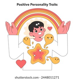 Delightful vector illustration of a character radiating positive personality traits, enveloped by a vibrant rainbow and joyful emoticons, symbolizing optimism