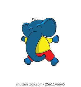 A delightful vector illustration of a cheerful blue elephant dressed in a bright yellow shirt and vibrant red pants. The playful and charming expression of the elephant adds a touch of joy, making it 