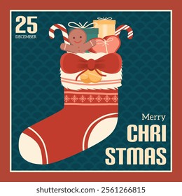 Delightful vector illustration of a Christmas stocking filled with gifts, candies, and a gingerbread cookie, perfect for holiday decorations, greeting cards and seasonal posters.